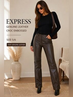 Express Genuine Leather Croc Embossed Brown Pants Size 5/6 Vintage Y2K
